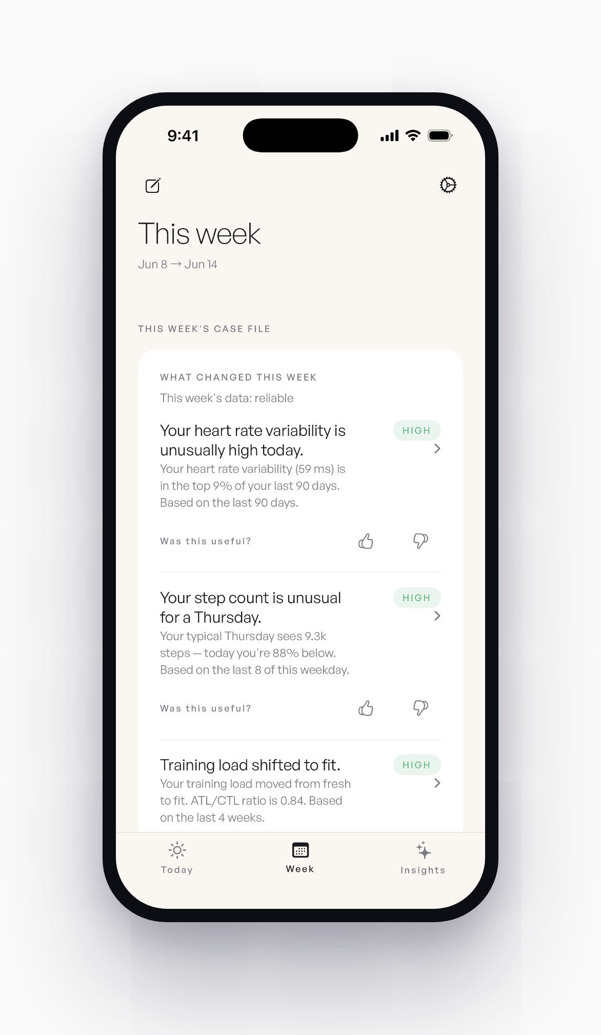 Baseline Week tab showing the weekly case file of what changed and the evidence behind it